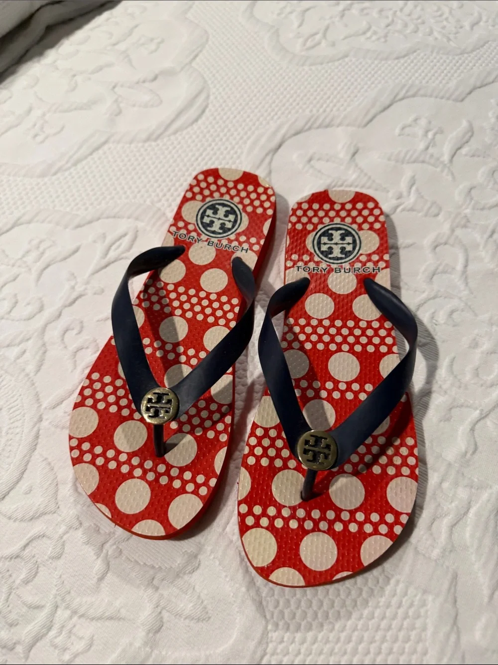 Tory Burch Red Polka Dot Flip Flops with Navy Straps